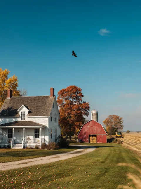 An old farmhouse and red barn in the countryside